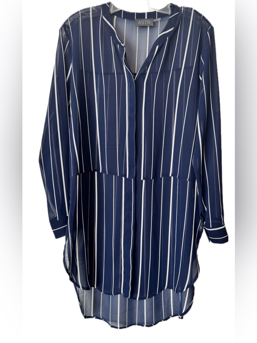 ASTR Navy White Stripe Sheer Tunic Dress Cover Up Small High Low Shirt Dress